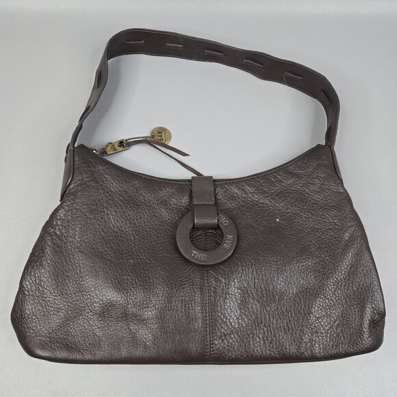The Sak Textured Brown Leather Handbag Logo Hobo Stitched Handle 10” Drop - Picture 1 of 15